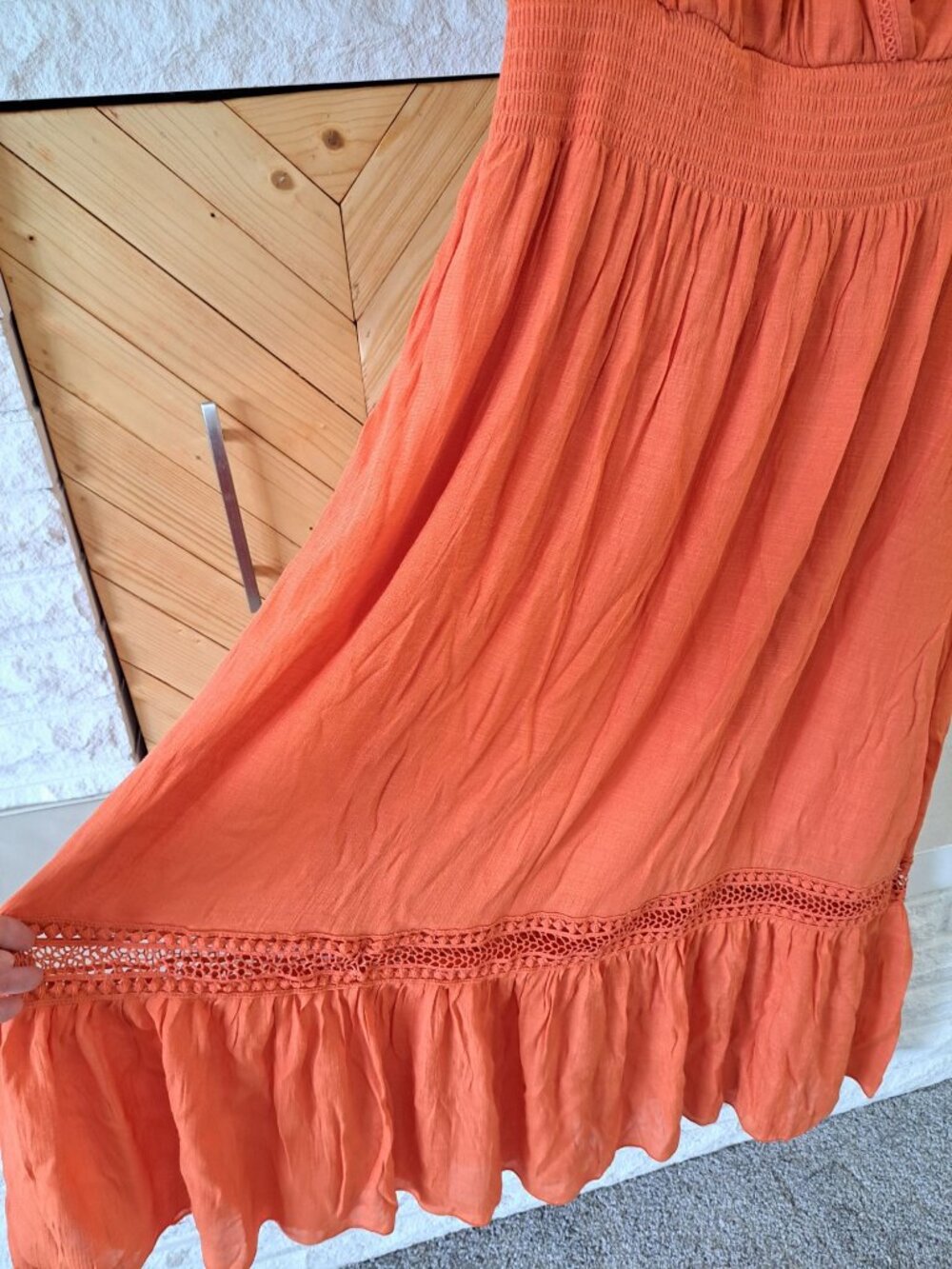 NWT 2XL Kings Road Orange Maxi Dress Ruffle Sleeves Smocked Waist Crochet Hem - Picture 5 of 16